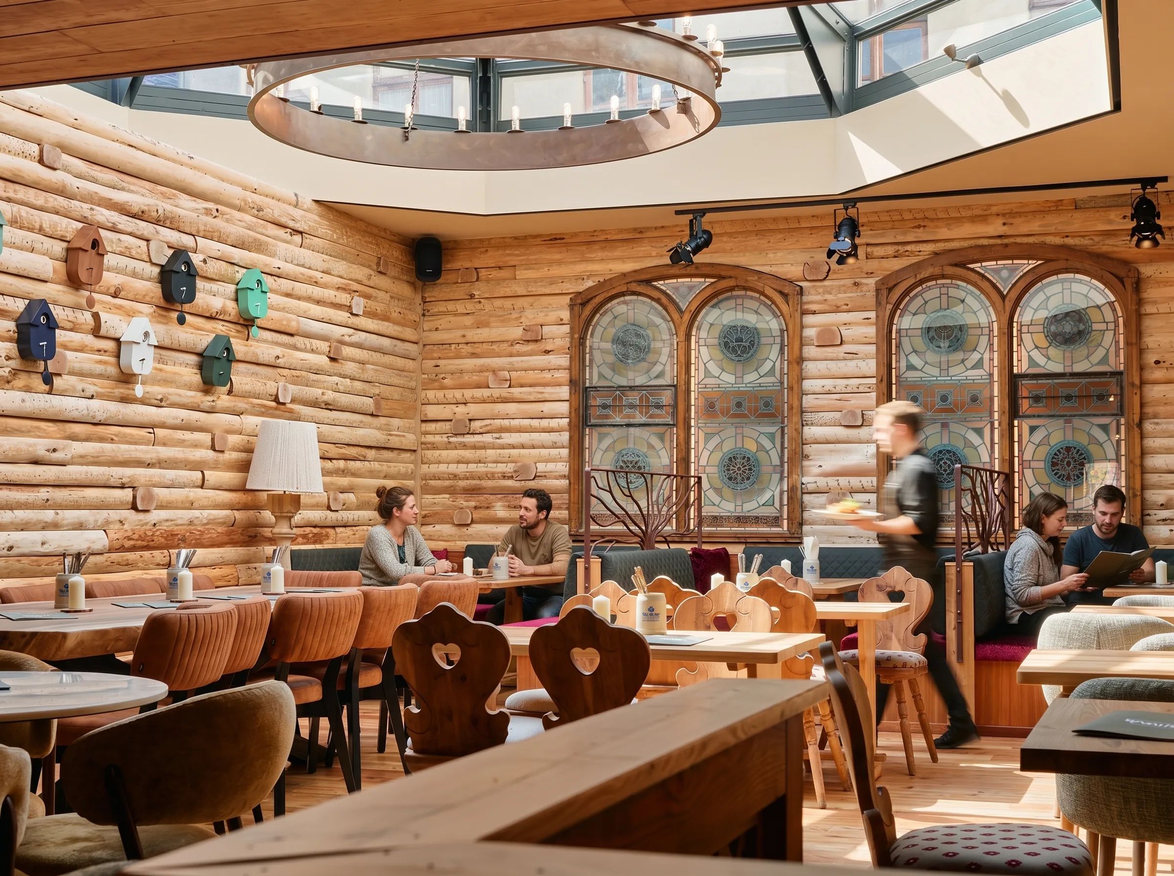 Gastraum im Wirtshaus Paula mit Holzwänden, Buntglasfenstern und Gästen